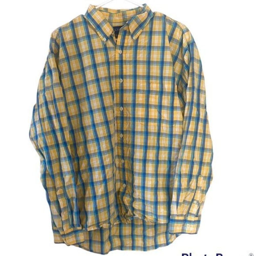 J Crew Cotton Blue Yellow Plaid‎ Long Sleeve Button Down Men’s Large